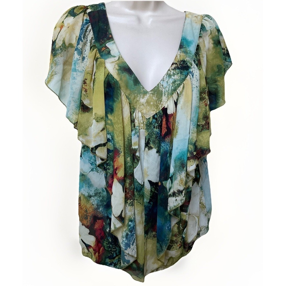 Sunny Leigh Flutter Sleeve Top Size L Flounce Floral Print Butterfly Sheer Fairy